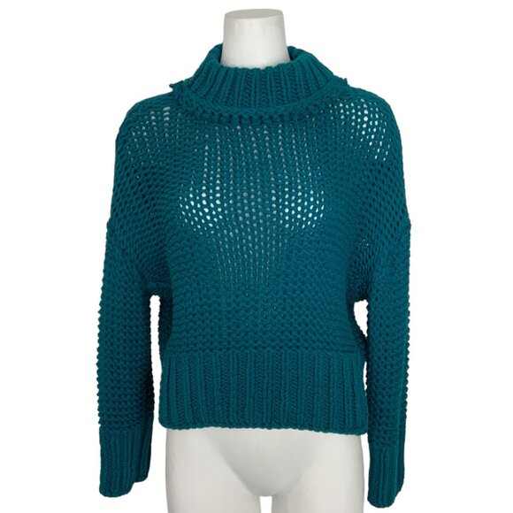 Free People My Only Sunshine Sweater XS Teal Mock Neck Cropped Fall Fashion - Picture 1 of 12